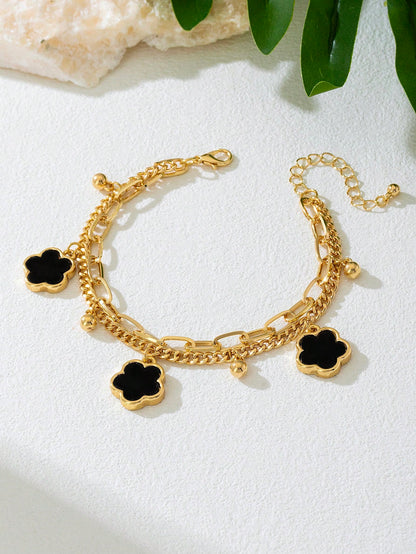 1pc Summer Vacation Elegant Black Metal Flower & Clover Pendant Multi-Layer Anklet, Suitable For Holidays, Parties, Dates, Gifts, Daily Wear (No Gift Box)