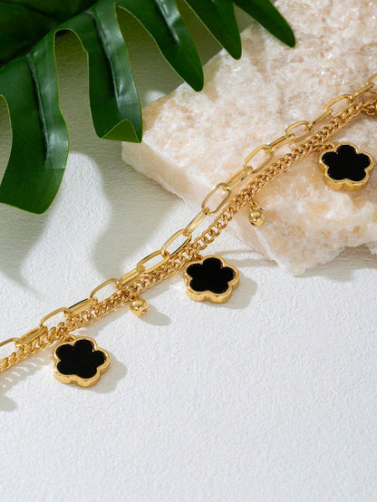 1pc Summer Vacation Elegant Black Metal Flower & Clover Pendant Multi-Layer Anklet, Suitable For Holidays, Parties, Dates, Gifts, Daily Wear (No Gift Box)