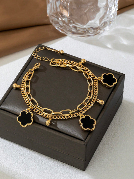 1pc Summer Vacation Elegant Black Metal Flower & Clover Pendant Multi-Layer Anklet, Suitable For Holidays, Parties, Dates, Gifts, Daily Wear (No Gift Box)