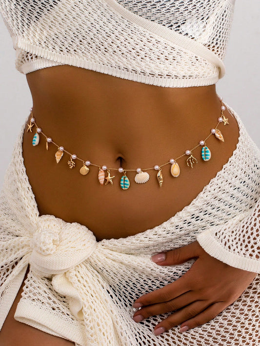 1 Pc Summer Beach Sea Elements Shell Starfish Charm Waist Chain, Marine Themed Coral Decor Belly Chain, Bohemia Boho Body Chain Suitable For Beachy Travel, Party, Bikini Outfit, Vacation Accessories