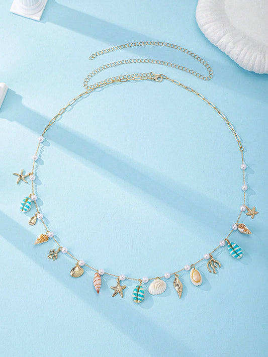 1 Pc Summer Beach Sea Elements Shell Starfish Charm Waist Chain, Marine Themed Coral Decor Belly Chain, Bohemia Boho Body Chain Suitable For Beachy Travel, Party, Bikini Outfit, Vacation Accessories