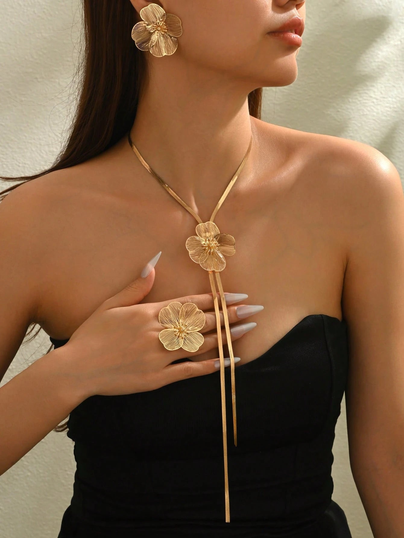 4pcs/Set Summer New Creative Long Tassel Y-Shape Flower Fashion Minimalist Elegant Versatile Elegant Necklace & Earrings Set