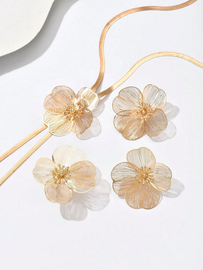 4pcs/Set Summer New Creative Long Tassel Y-Shape Flower Fashion Minimalist Elegant Versatile Elegant Necklace & Earrings Set