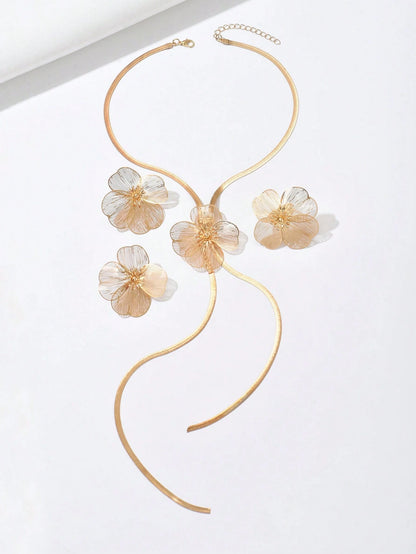 4pcs/Set Summer New Creative Long Tassel Y-Shape Flower Fashion Minimalist Elegant Versatile Elegant Necklace & Earrings Set