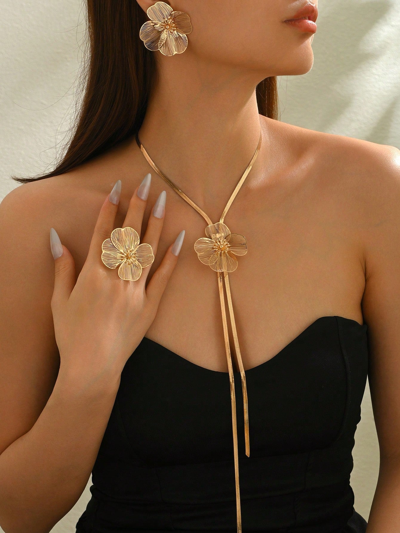 4pcs/Set Summer New Creative Long Tassel Y-Shape Flower Fashion Minimalist Elegant Versatile Elegant Necklace & Earrings Set