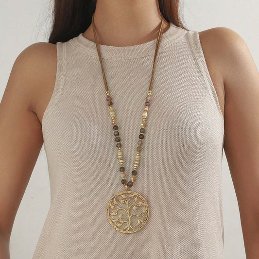 1pc Fashionable Tree Of Life Beaded Metal Necklace, Suitable For Women Everyday Wear