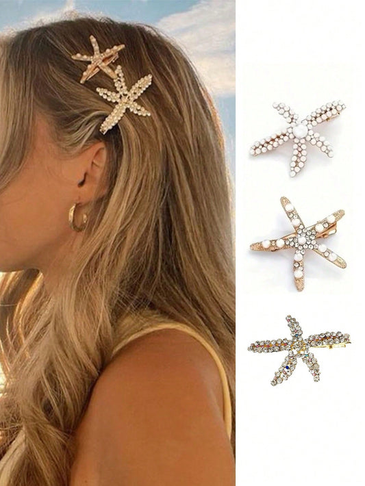 3pcs Vintage Faux Pearl Decor Starfish Shaped Hair Clip Stylish Hair Bun Maker Accessory, Suitable For Women And Girls For Daily Wear, Head Accessories, Hair Accessories For Women, Claw Clips, Hairpin, Beach Accessories