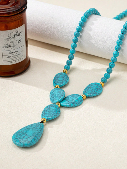 1pc Bohemian Vintage Faux Turquoise Bead Asymmetric Necklace For Women
