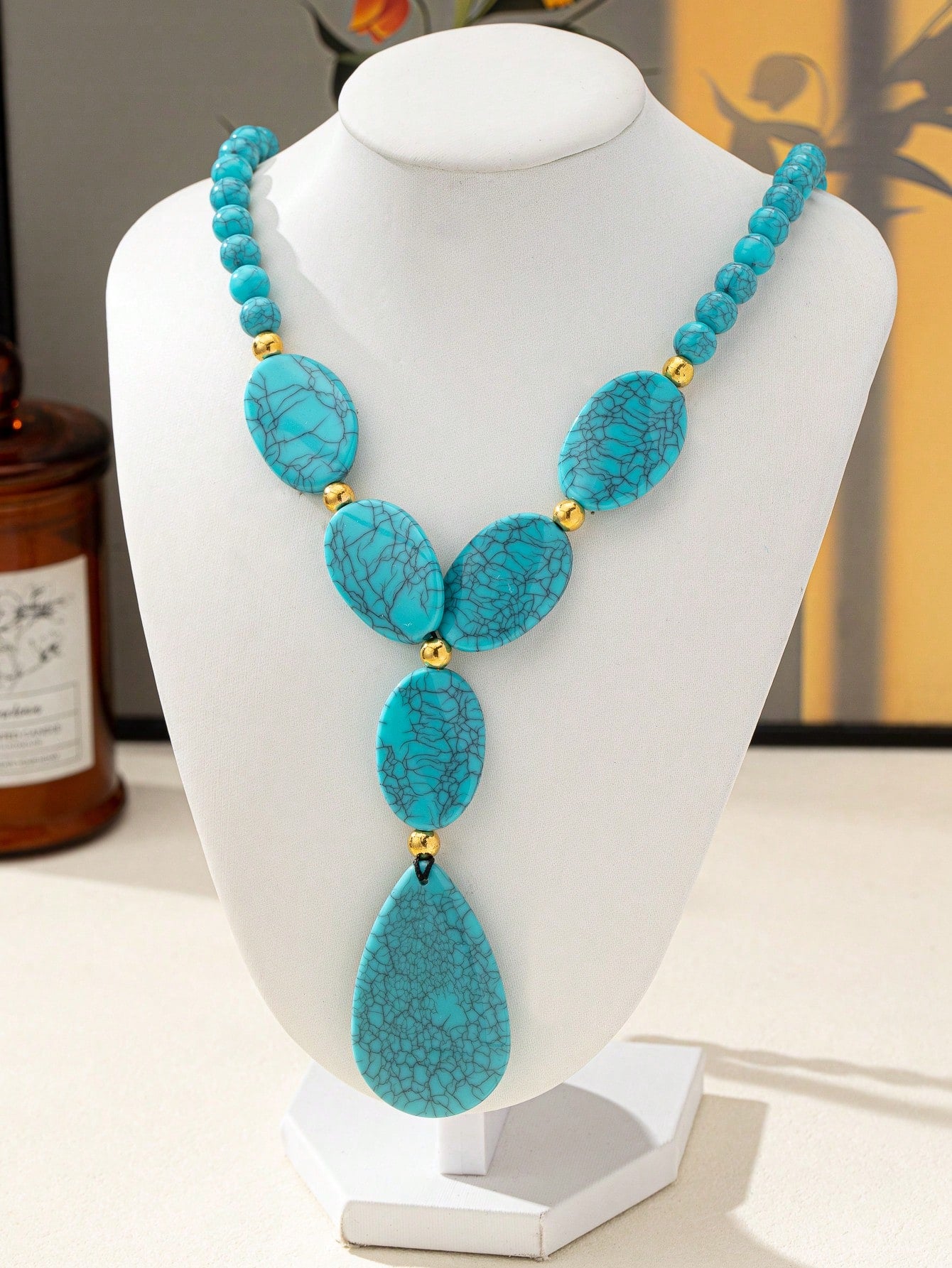 1pc Bohemian Vintage Faux Turquoise Bead Asymmetric Necklace For Women