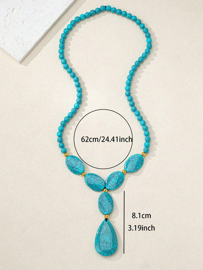 1pc Bohemian Vintage Faux Turquoise Bead Asymmetric Necklace For Women