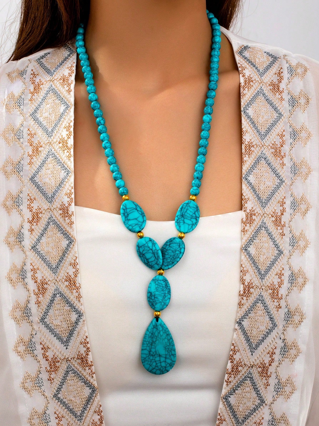 1pc Bohemian Vintage Faux Turquoise Bead Asymmetric Necklace For Women