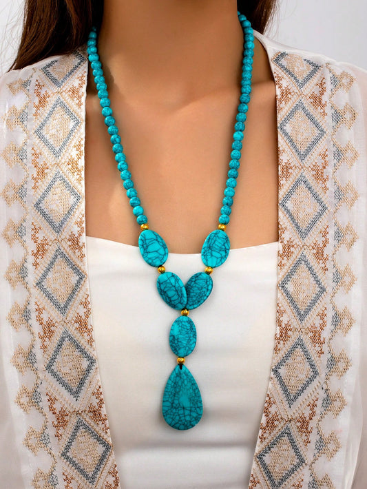 1pc Bohemian Vintage Faux Turquoise Bead Asymmetric Necklace For Women
