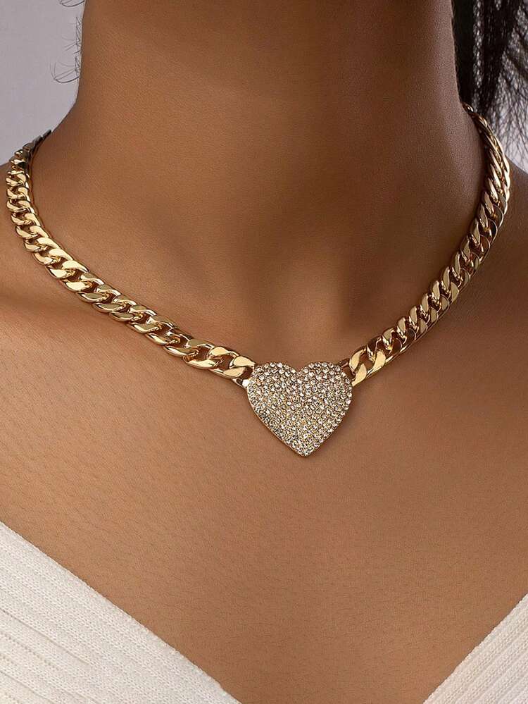 Rhinestone Heart Pendant Chain Necklace Yellow Gold