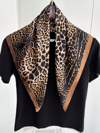 1 pieza Pañuelo de marca de lujo con estampado de leopardo, pañuelo de cuello de seda sintética para mujer, pañuelo decorativo versátil y casual, adecuado para combinar con vestidos