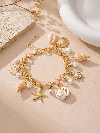 1pc Ocean Style Starfish, Seashell, Pearl Charm Bracelet, Suitable For Women Beach Party Wear (Handmade Product Color & Size May Vary)