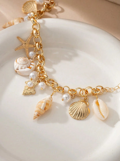 1pc Ocean Style Starfish, Seashell, Pearl Charm Bracelet, Suitable For Women Beach Party Wear (Handmade Product Color & Size May Vary)