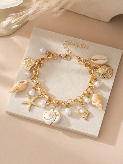 1pc Ocean Style Starfish, Seashell, Pearl Charm Bracelet, Suitable For Women Beach Party Wear (Handmade Product Color & Size May Vary)