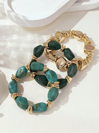 Vintage Boho 3-Piece Chunky Acrylic Beaded Bracelet Set Brown