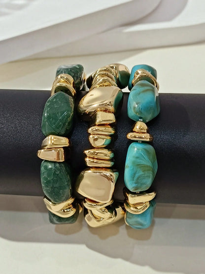 Vintage Boho 3-Piece Chunky Acrylic Beaded Bracelet Set Brown