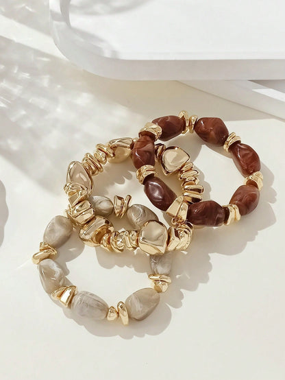 3pcs/Set Fashion Vintage Exaggerated Bohemian Thick Multi-Layer Brown Acrylic Beaded Bracelet For Women, Boho Chic