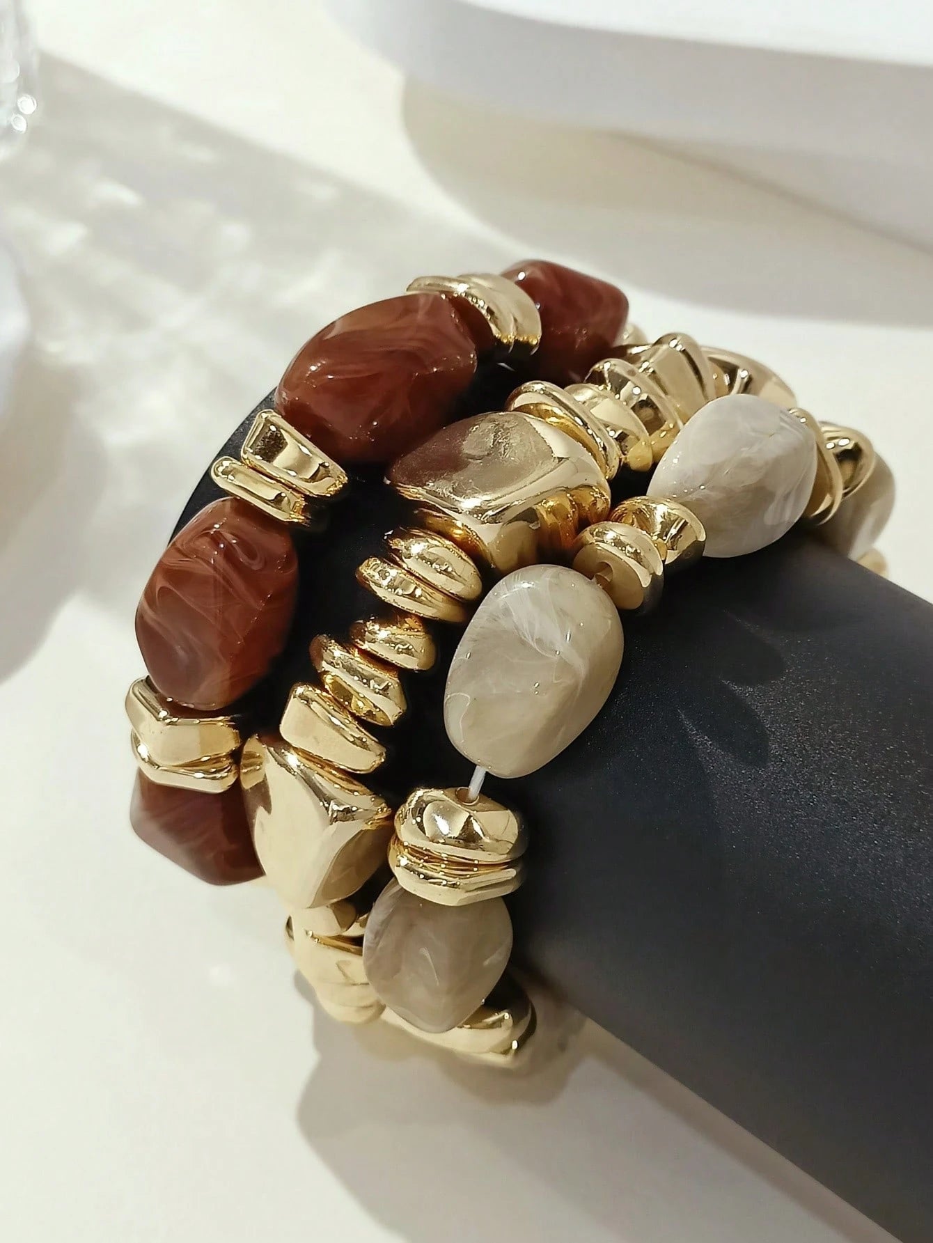 3pcs/Set Fashion Vintage Exaggerated Bohemian Thick Multi-Layer Brown Acrylic Beaded Bracelet For Women, Boho Chic