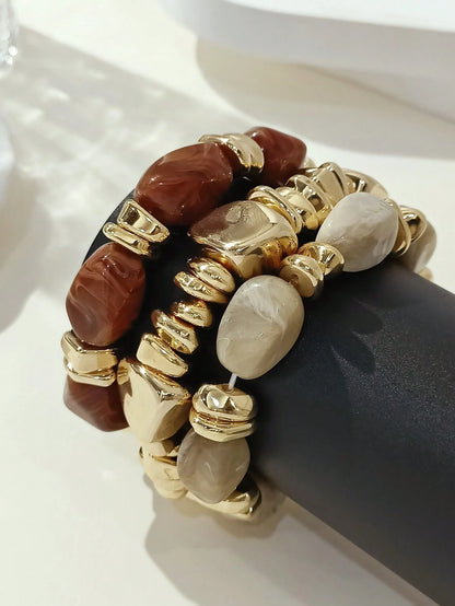 3pcs/Set Fashion Vintage Exaggerated Bohemian Thick Multi-Layer Brown Acrylic Beaded Bracelet For Women, Boho Chic