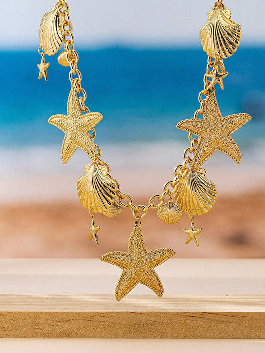 1 pieza Cadena para la cintura con dije de estrella de mar y concha de estilo marino metálico dorado, adecuado para atuendos diarios y de vacaciones de mujeres
