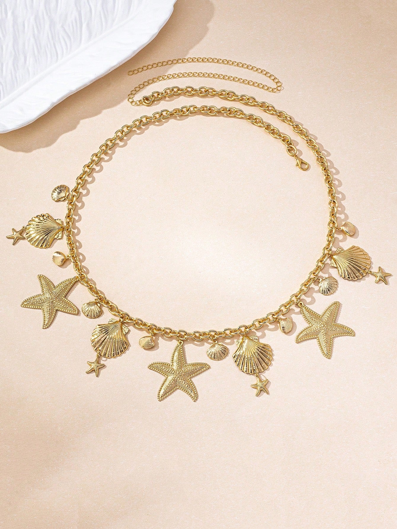 1 pieza Cadena para la cintura con dije de estrella de mar y concha de estilo marino metálico dorado, adecuado para atuendos diarios y de vacaciones de mujeres