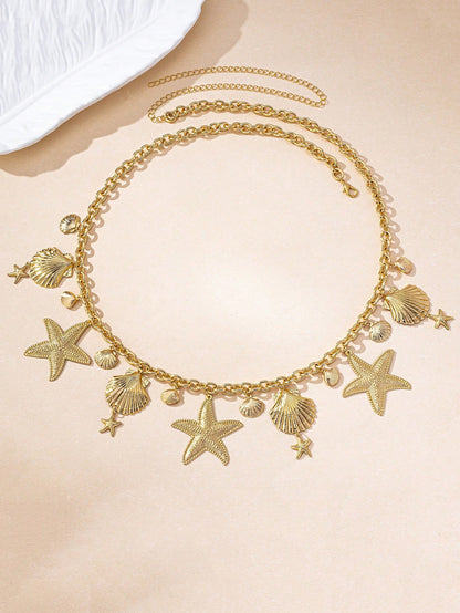1 pieza Cadena para la cintura con dije de estrella de mar y concha de estilo marino metálico dorado, adecuado para atuendos diarios y de vacaciones de mujeres