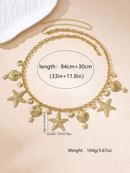 1 pieza Cadena para la cintura con dije de estrella de mar y concha de estilo marino metálico dorado, adecuado para atuendos diarios y de vacaciones de mujeres