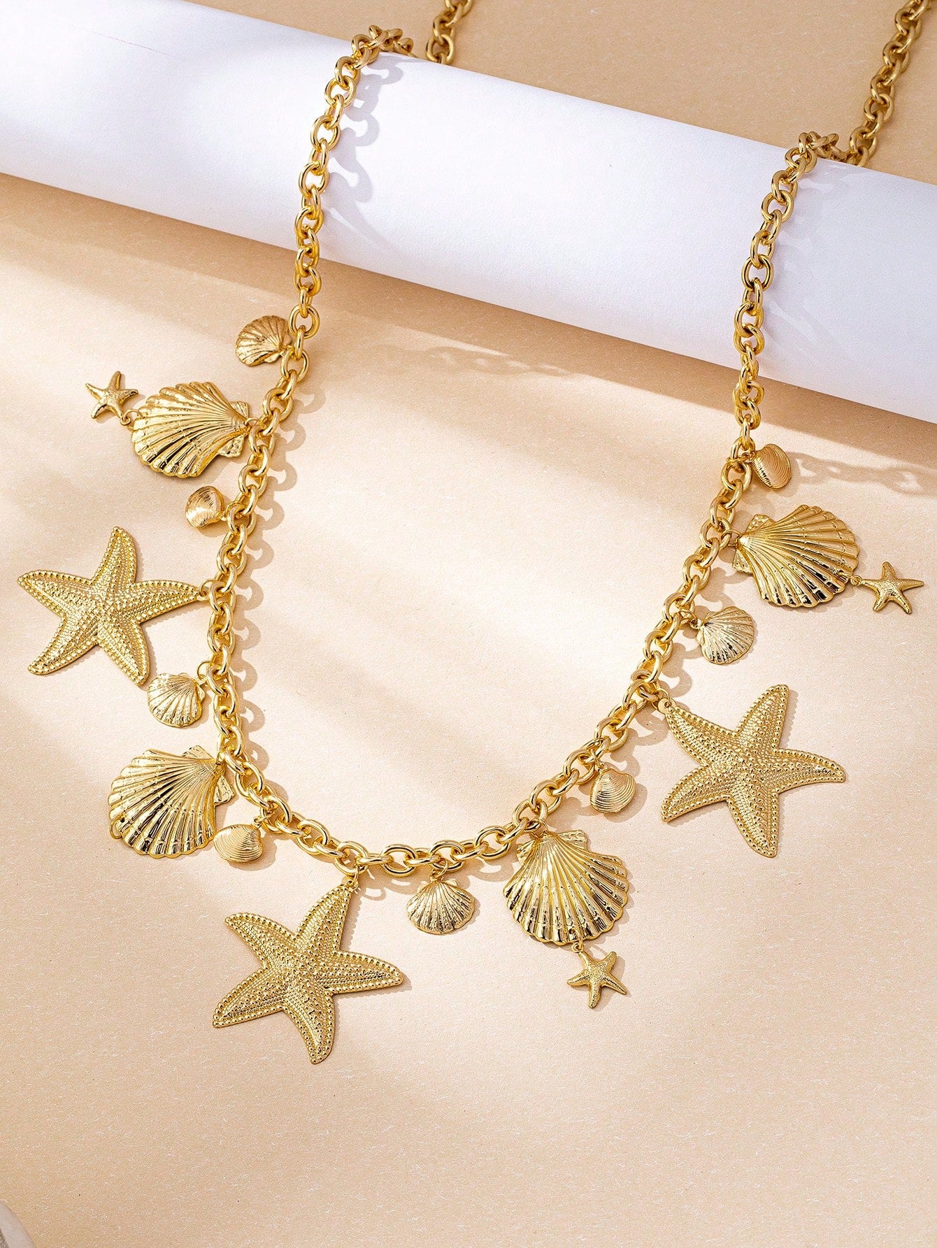 1 pieza Cadena para la cintura con dije de estrella de mar y concha de estilo marino metálico dorado, adecuado para atuendos diarios y de vacaciones de mujeres