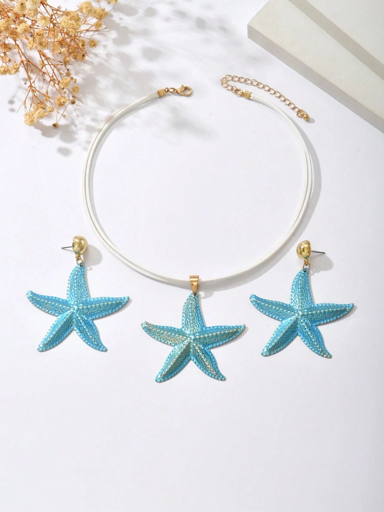1 Set Of 3pcs Bohemian Beach Ocean Series Fashion Versatile Colorful Starfish Earrings & Necklace Set, Unique Design Turquoise Starfish Pendant Necklace & Earrings Set, Suitable For Women Everyday & Holiday Wear
