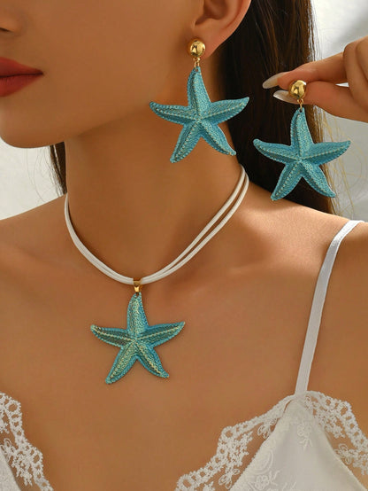 1 Set Of 3pcs Bohemian Beach Ocean Series Fashion Versatile Colorful Starfish Earrings & Necklace Set, Unique Design Turquoise Starfish Pendant Necklace & Earrings Set, Suitable For Women Everyday & Holiday Wear
