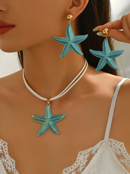 1 Set Of 3pcs Bohemian Beach Ocean Series Fashion Versatile Colorful Starfish Earrings & Necklace Set, Unique Design Turquoise Starfish Pendant Necklace & Earrings Set, Suitable For Women Everyday & Holiday Wear