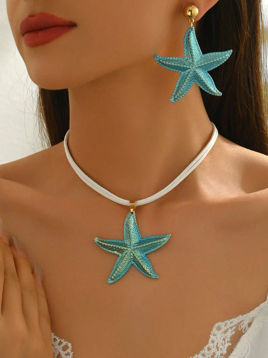 1 Set Of 3pcs Bohemian Beach Ocean Series Fashion Versatile Colorful Starfish Earrings & Necklace Set, Unique Design Turquoise Starfish Pendant Necklace & Earrings Set, Suitable For Women Everyday & Holiday Wear