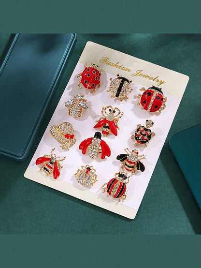 12pcs Personalized Charm Red Turtle, Bee, Beetle Zinc Alloy Casual Clothing Brooch, Backpack, Hat Pin Accessories, Suitable For Daily Wear DIY