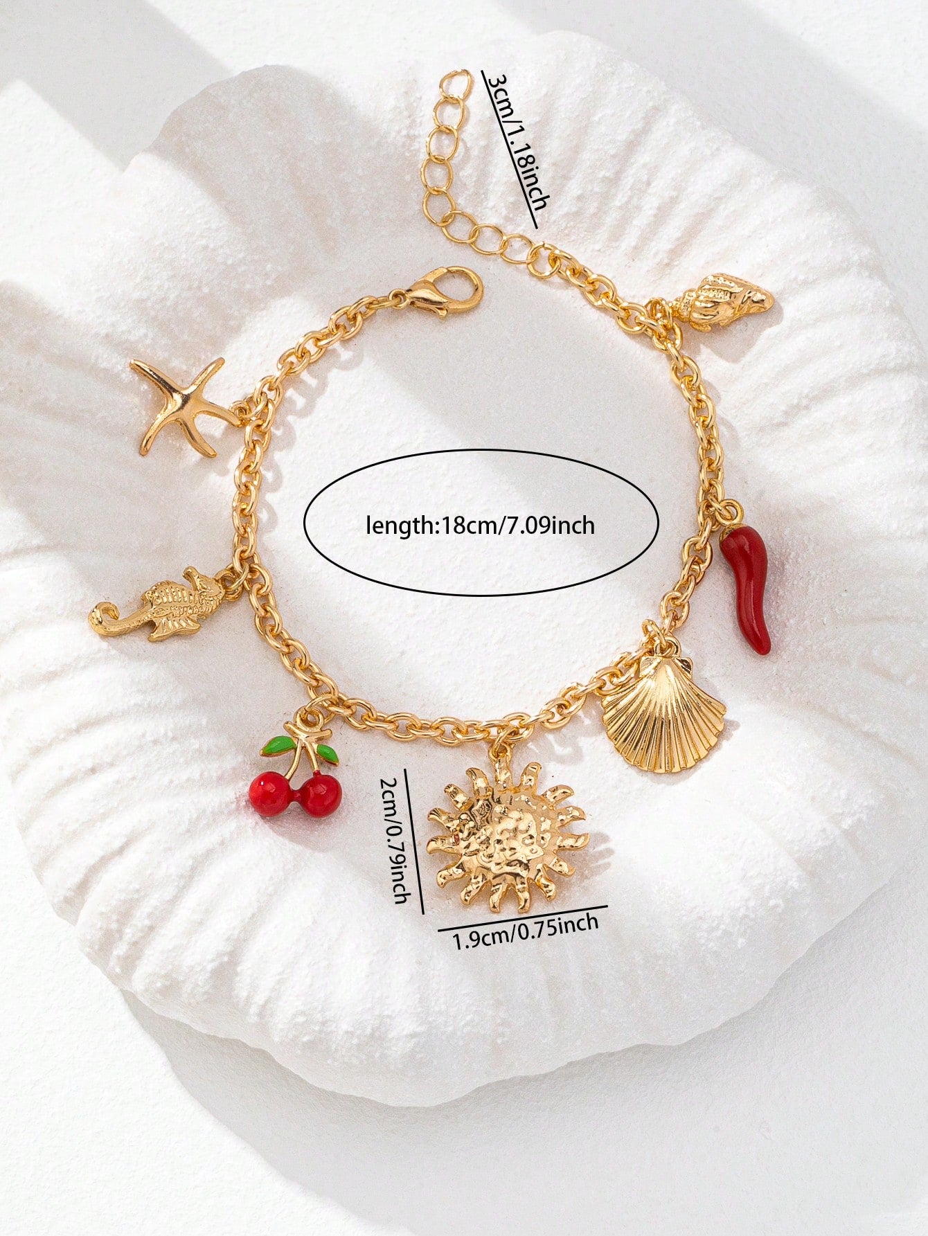 1 pieza Pulsera con colgante de estrella de mar y sol en estilo Y2K de verano, pulsera de cadena de moda para mujer con colgante de chile rojo, llena de vibra de vacaciones, adecuada para uso diario