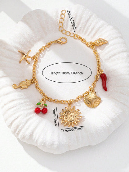 1 pieza Pulsera con colgante de estrella de mar y sol en estilo Y2K de verano, pulsera de cadena de moda para mujer con colgante de chile rojo, llena de vibra de vacaciones, adecuada para uso diario