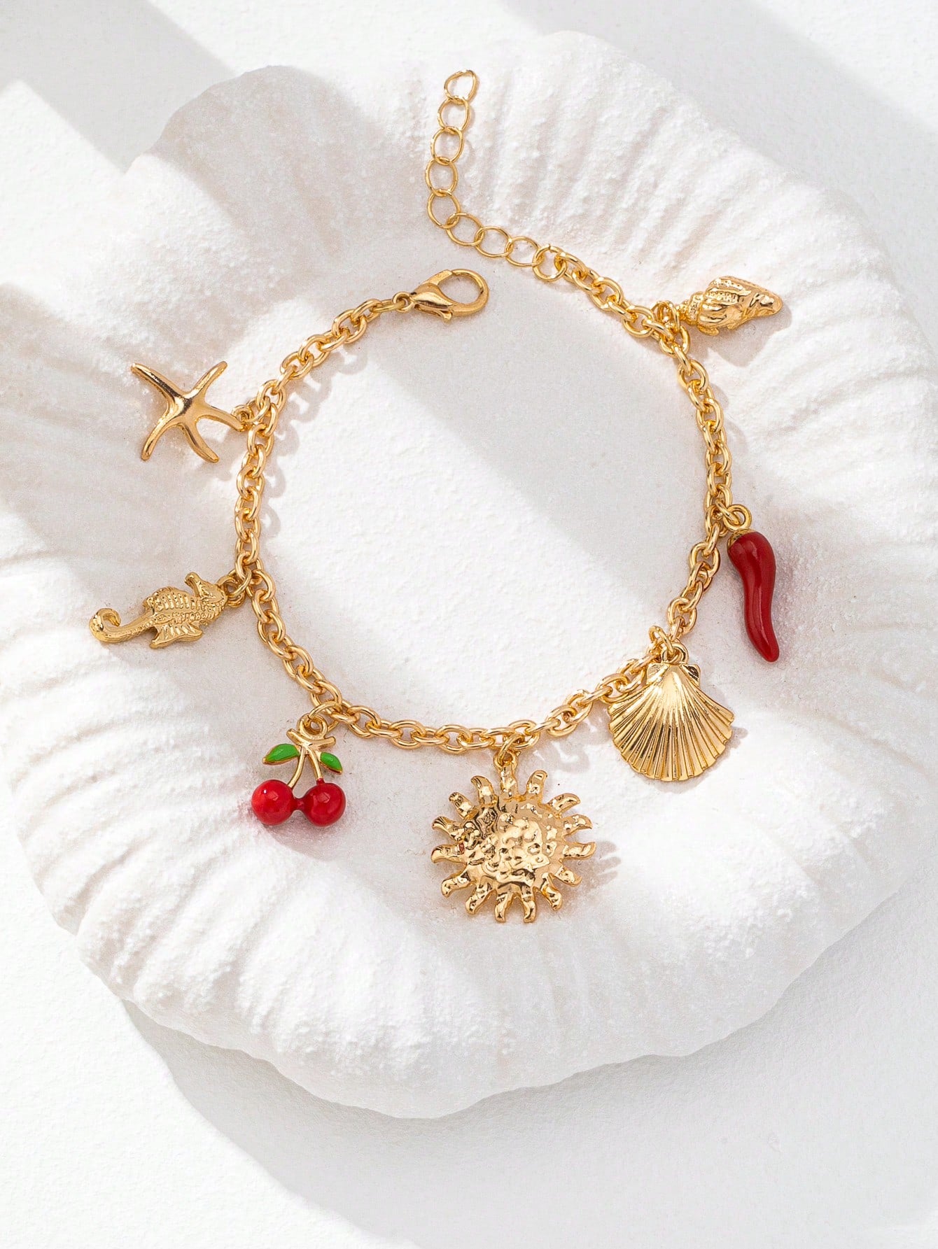 1 pieza Pulsera con colgante de estrella de mar y sol en estilo Y2K de verano, pulsera de cadena de moda para mujer con colgante de chile rojo, llena de vibra de vacaciones, adecuada para uso diario
