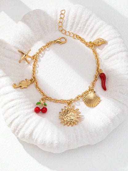 1 pieza Pulsera con colgante de estrella de mar y sol en estilo Y2K de verano, pulsera de cadena de moda para mujer con colgante de chile rojo, llena de vibra de vacaciones, adecuada para uso diario