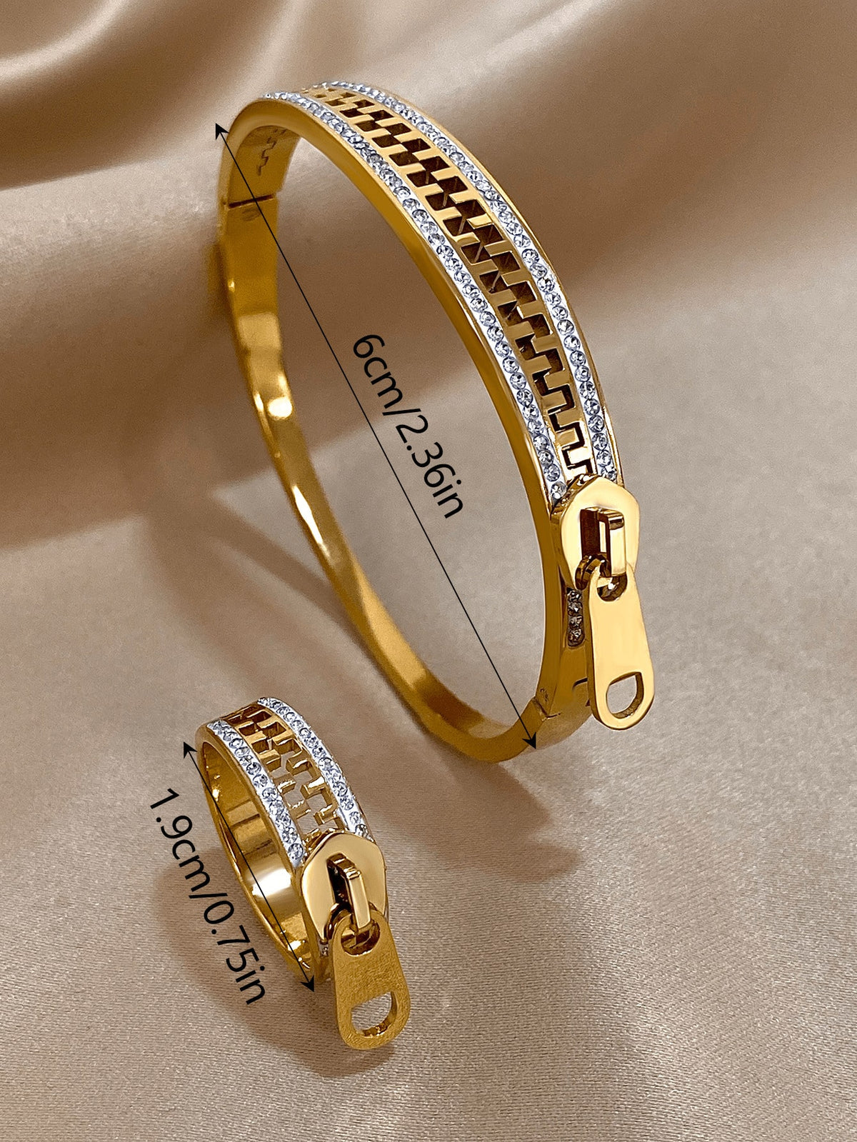 Luxury 18K Gold Plated Stainless Steel Zirconia Zip Bangle Bracelet Ring Jewelry Set For Women Summer Vacation,Mom Gift,Daily Party Birthday Valentine
