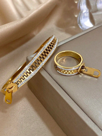 Luxury 18K Gold Plated Stainless Steel Zirconia Zip Bangle Bracelet Ring Jewelry Set For Women Summer Vacation,Mom Gift,Daily Party Birthday Valentine