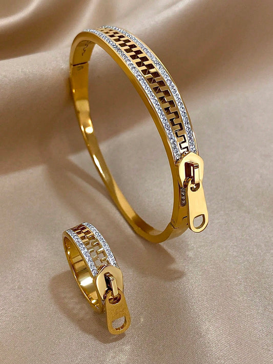 Luxury 18K Gold Plated Stainless Steel Zirconia Zip Bangle Bracelet Ring Jewelry Set For Women Summer Vacation,Mom Gift,Daily Party Birthday Valentine