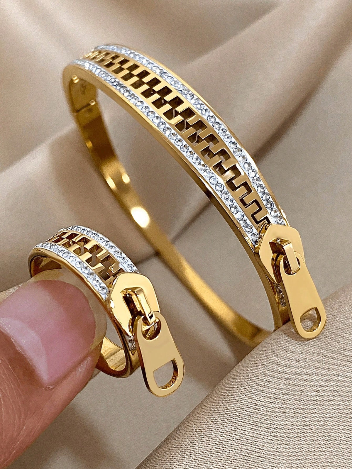 Luxury 18K Gold Plated Stainless Steel Zirconia Zip Bangle Bracelet Ring Jewelry Set For Women Summer Vacation,Mom Gift,Daily Party Birthday Valentine