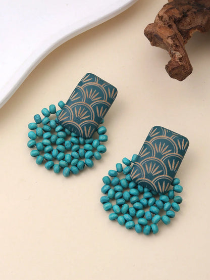 1 Pair Handmade Minimalist Wooden Beaded Disc & Carved Classic Fan-Shaped Olive Green Earrings, Suitable For Vacation, Party And Daily Wear