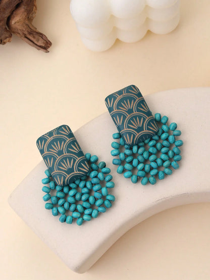 1 Pair Handmade Minimalist Wooden Beaded Disc & Carved Classic Fan-Shaped Olive Green Earrings, Suitable For Vacation, Party And Daily Wear