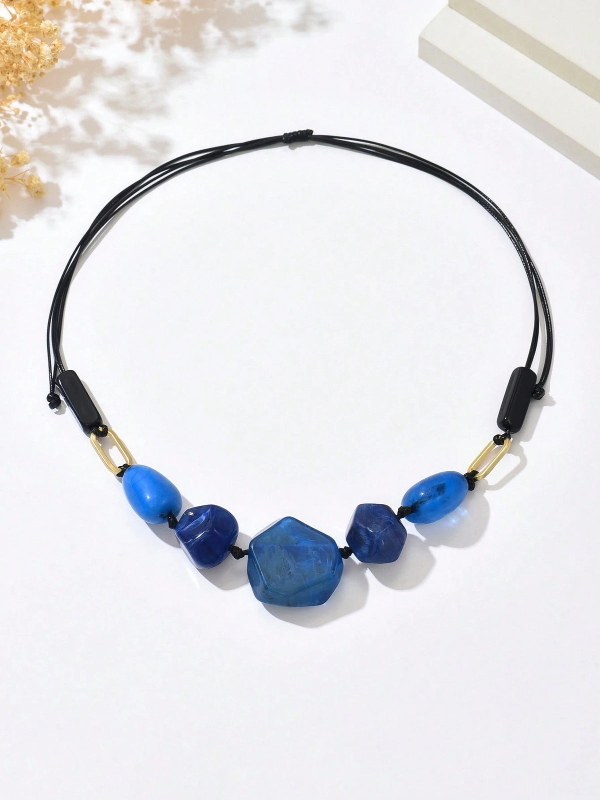 1pc Bohemian Exaggerated Fashion Asymmetrical Resin Blue Stone Rope Necklace, Suitable For Women's Daily And Party Wear