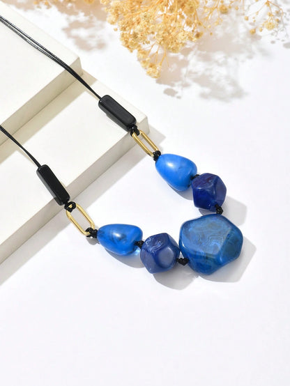 1pc Bohemian Exaggerated Fashion Asymmetrical Resin Blue Stone Rope Necklace, Suitable For Women's Daily And Party Wear