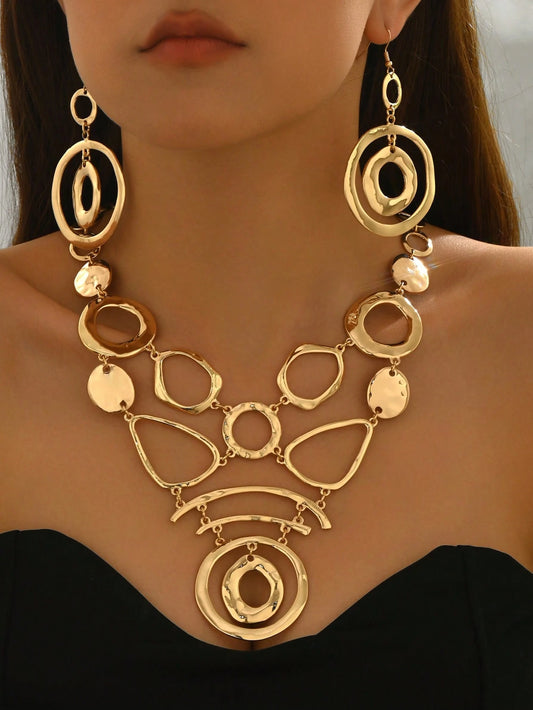 2pcs Luxury Metallic Asymmetrical Geometric Hollow Circular & V-Shaped Necklace And Earrings Set, Elegant For Party, Formal Occasions And Daily Wear