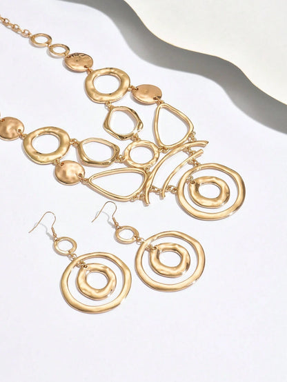 2pcs Luxury Metallic Asymmetrical Geometric Hollow Circular & V-Shaped Necklace And Earrings Set, Elegant For Party, Formal Occasions And Daily Wear